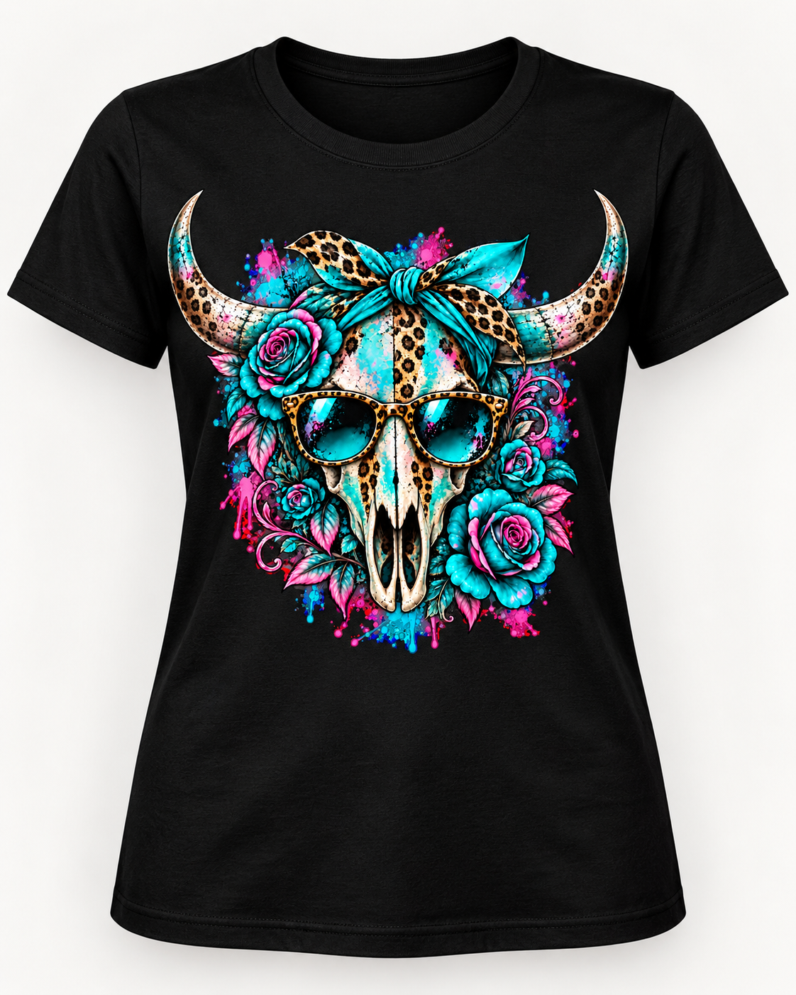 Teal & Pink Leopard Cow Skull T-Shirt | Western Longhorn Tee | Boho Cowgirl Shirt | Trendy Graphic Tee