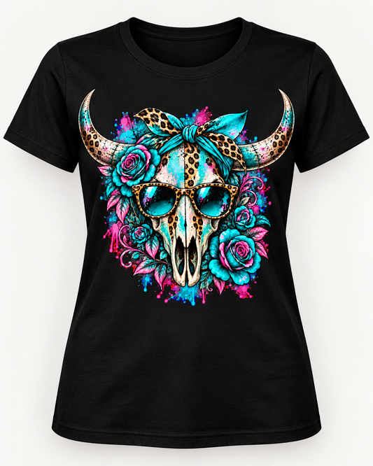 Teal & Pink Leopard Cow Skull T-Shirt | Western Longhorn Tee | Boho Cowgirl Shirt | Trendy Graphic Tee